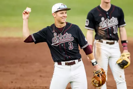 STARKVILLE, MS - February 23, 2025 - Mississippi State Infielder Ace Reese (#3) during the game between the Missouri State Bears and the Mississippi State Bulldogs at Dudy Noble Field at Polk-Dement Stadium in Starkville, MS. Photo By Taylor Sullivan