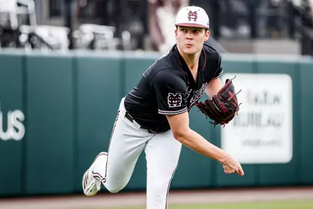 STARKVILLE, MS - February 23, 2025 - Mississippi State Pitcher JT Schnoor (#47) before the game between the Missouri State Bears and the Mississippi State Bulldogs at Dudy Noble Field at Polk-Dement Stadium in Starkville, MS. Photo By Taylor Sullivan