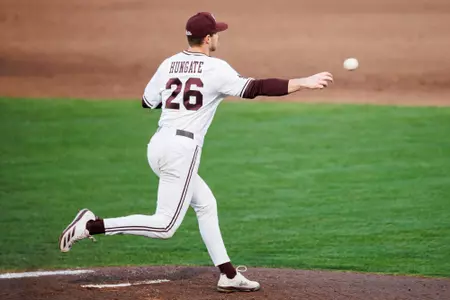 STARKVILLE, MS - March 05, 2025 - Mississippi State Pitcher Chase Hungate (#26) during the game between the Southern Miss Golden Eagles and the Mississippi State Bulldogs at Dudy Noble Field at Polk-Dement Stadium in Starkville, MS. Photo By Will Porada