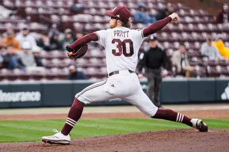 STARKVILLE, MS - March 05, 2025 - Mississippi State Pitcher Jacob Pruitt (#30) during the game between the Southern Miss Golden Eagles and the Mississippi State Bulldogs at Dudy Noble Field at Polk-Dement Stadium in Starkville, MS. Photo By Will Porada