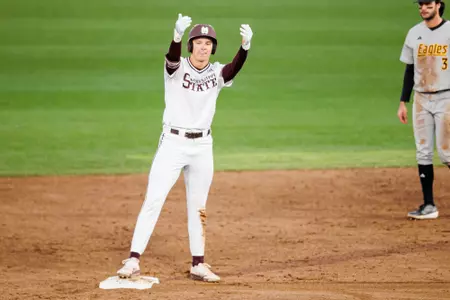STARKVILLE, MS - March 05, 2025 - Mississippi State Infielder Ace Reese (#3) during the game between the Southern Miss Golden Eagles and the Mississippi State Bulldogs at Dudy Noble Field at Polk-Dement Stadium in Starkville, MS. Photo By Will Porada
