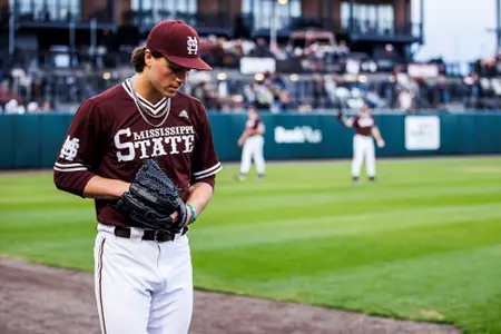 STARKVILLE, MS - March 07, 2025 - Mississippi State Infielder/Pitcher Braden Booth (#16) during the game between the Queens Royals and the Mississippi State Bulldogs at Dudy Noble Field at Polk-Dement Stadium in Starkville, MS. Photo By Ivy Rose Ball