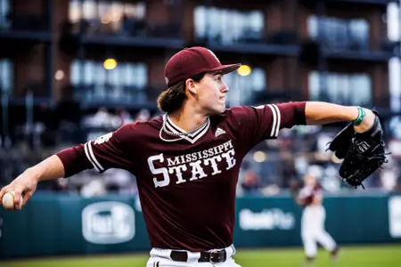 STARKVILLE, MS - March 07, 2025 - Mississippi State Infielder/Pitcher Braden Booth (#16) during the game between the Queens Royals and the Mississippi State Bulldogs at Dudy Noble Field at Polk-Dement Stadium in Starkville, MS. Photo By Ivy Rose Ball