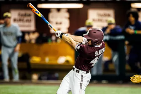 STARKVILLE, MS - March 07, 2025 - Mississippi State Infielder/Outfielder Gatlin Sanders (#49) during the game between the Queens Royals and the Mississippi State Bulldogs at Dudy Noble Field at Polk-Dement Stadium in Starkville, MS. Photo By Ivy Rose Ball