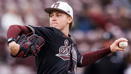 STARKVILLE, MS - February 23, 2025 - Mississippi State Pitcher Charlie Foster (#8) during the game between the Missouri State Bears and the Mississippi State Bulldogs at Dudy Noble Field at Polk-Dement Stadium in Starkville, MS. Photo By Mike Mattina