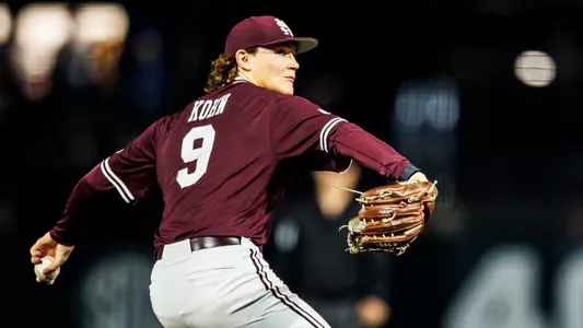 STARKVILLE, MS - March 07, 2025 - Mississippi State Pitcher Pico Kohn (#9) during the game between the Queens Royals and the Mississippi State Bulldogs at Dudy Noble Field at Polk-Dement Stadium in Starkville, MS. Photo By Ivy Rose Ball
