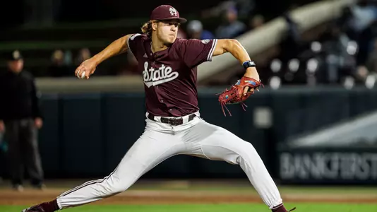STARKVILLE, MS - March 18, 2025 - Mississippi State Pitcher Duke Stone (#11) during the game between the Jackson State Tigers and the Mississippi State Bulldogs at Dudy Noble Field at Polk-Dement Stadium in Starkville, MS. Photo By Will Porada