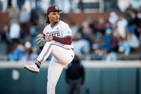 STARKVILLE, MS - February 22, 2025 - Mississippi State Pitcher Mikhai Grant (#4) during the game between the Missouri State Bears and the Mississippi State Bulldogs at Dudy Noble Field at Polk-Dement Stadium in Starkville, MS. Photo By Will Porada