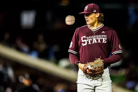 STARKVILLE, MS - March 07, 2025 - Mississippi State Pitcher Pico Kohn (#9) during the game between the Queens Royals and the Mississippi State Bulldogs at Dudy Noble Field at Polk-Dement Stadium in Starkville, MS. Photo By Ivy Rose Ball