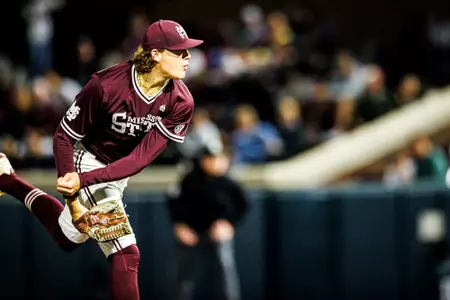 STARKVILLE, MS - March 07, 2025 - Mississippi State Pitcher Pico Kohn (#9) during the game between the Queens Royals and the Mississippi State Bulldogs at Dudy Noble Field at Polk-Dement Stadium in Starkville, MS. Photo By Ivy Rose Ball
