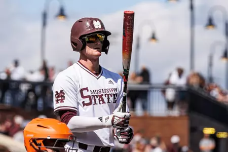 STARKVILLE, MS - March 16, 2025 - Mississippi State Infielder Dylan Cupp (#10) during the game between the Texas Longhorns and the Mississippi State Bulldogs at Dudy Noble Field at Polk-Dement Stadium in Starkville, MS. Photo By Mike Mattina