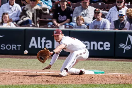 STARKVILLE, MS - March 16, 2025 - Mississippi State Infielder/Outfielder Hunter Hines (#44) during the game between the Texas Longhorns and the Mississippi State Bulldogs at Dudy Noble Field at Polk-Dement Stadium in Starkville, MS. Photo By Mike Mattina