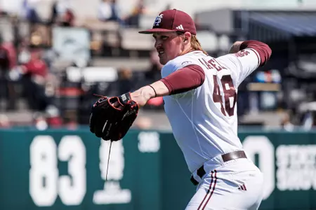 STARKVILLE, MS - March 16, 2025 - Mississippi State Pitcher Kevin Mannell (#48) during the game between the Texas Longhorns and the Mississippi State Bulldogs at Dudy Noble Field at Polk-Dement Stadium in Starkville, MS. Photo By Mike Mattina