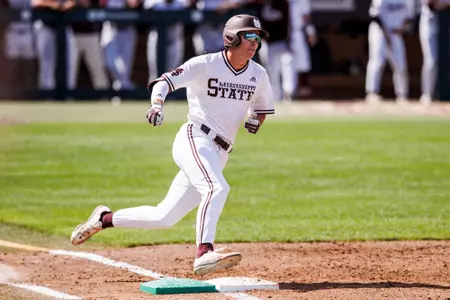 STARKVILLE, MS - March 16, 2025 - Mississippi State Infielder Ace Reese (#3) during the game between the Texas Longhorns and the Mississippi State Bulldogs at Dudy Noble Field at Polk-Dement Stadium in Starkville, MS. Photo By Mike Mattina