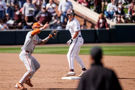 STARKVILLE, MS - March 16, 2025 - Mississippi State Infielder Ace Reese (#3) during the game between the Texas Longhorns and the Mississippi State Bulldogs at Dudy Noble Field at Polk-Dement Stadium in Starkville, MS. Photo By Mike Mattina