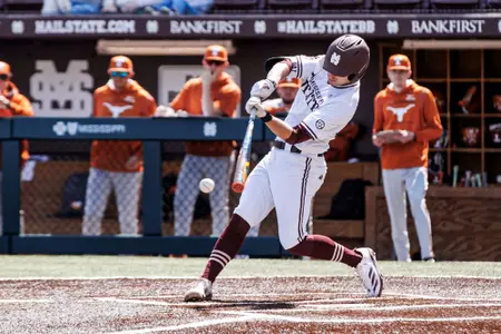 STARKVILLE, MS - March 16, 2025 - Mississippi State Infielder/Outfielder Gatlin Sanders (#49) during the game between the Texas Longhorns and the Mississippi State Bulldogs at Dudy Noble Field at Polk-Dement Stadium in Starkville, MS. Photo By Mike Mattina