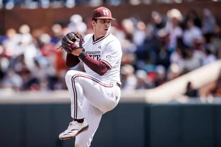 STARKVILLE, MS - March 16, 2025 - Mississippi State Pitcher Evan Siary (#12) during the game between the Texas Longhorns and the Mississippi State Bulldogs at Dudy Noble Field at Polk-Dement Stadium in Starkville, MS. Photo By Mike Mattina