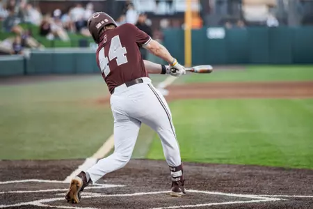 STARKVILLE, MS - March 18, 2025 - Mississippi State Infielder/Outfielder Hunter Hines (#44) during the game between the Jackson State Tigers and the Mississippi State Bulldogs at Dudy Noble Field at Polk-Dement Stadium in Starkville, MS. Photo By Will Porada