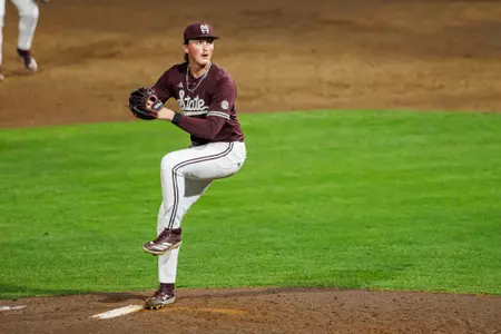 STARKVILLE, MS - March 18, 2025 - Mississippi State Pitcher Kevin Mannell (#48) during the game between the Jackson State Tigers and the Mississippi State Bulldogs at Dudy Noble Field at Polk-Dement Stadium in Starkville, MS. Photo By Will Porada