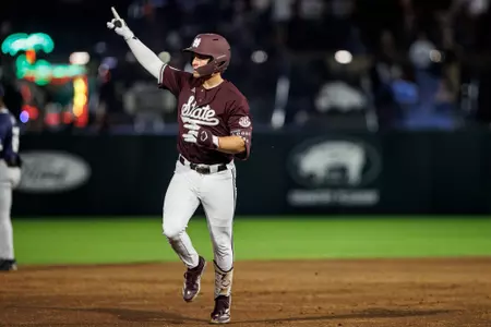 STARKVILLE, MS - March 18, 2025 - Mississippi State Catcher Joe Powell (#55) during the game between the Jackson State Tigers and the Mississippi State Bulldogs at Dudy Noble Field at Polk-Dement Stadium in Starkville, MS. Photo By Will Porada