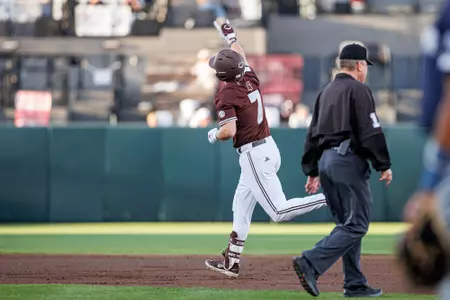 STARKVILLE, MS - March 18, 2025 - Mississippi State Infielder Reed Stallman (#7) during the game between the Jackson State Tigers and the Mississippi State Bulldogs at Dudy Noble Field at Polk-Dement Stadium in Starkville, MS. Photo By Will Porada