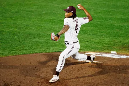 STARKVILLE, MS - March 25, 2025 - Mississippi State Pitcher Mikhai Grant (#4) during the game between the Samford Bulldogs and the Mississippi State Bulldogs at Dudy Noble Field at Polk-Dement Stadium in Starkville, MS. Photo By Will Porada
