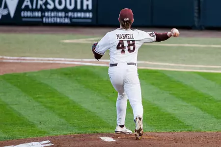 STARKVILLE, MS - March 25, 2025 - Mississippi State Pitcher Kevin Mannell (#48) during the game between the Samford Bulldogs and the Mississippi State Bulldogs at Dudy Noble Field at Polk-Dement Stadium in Starkville, MS. Photo By Will Porada