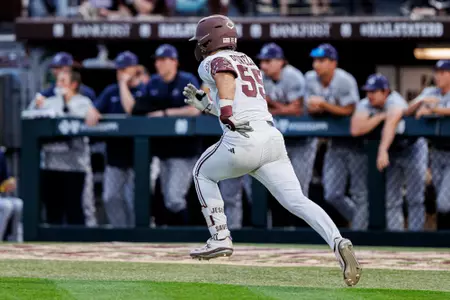 STARKVILLE, MS - March 25, 2025 - Mississippi State Catcher Joe Powell (#55) during the game between the Samford Bulldogs and the Mississippi State Bulldogs at Dudy Noble Field at Polk-Dement Stadium in Starkville, MS. Photo By Will Porada