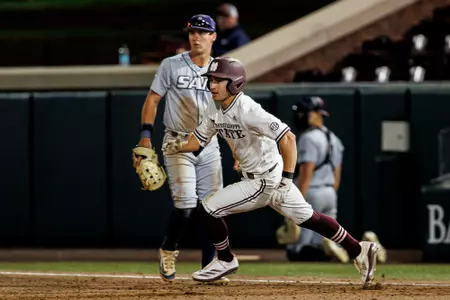 STARKVILLE, MS - March 25, 2025 - Mississippi State Infielder/Outfielder Gatlin Sanders (#49) during the game between the Samford Bulldogs and the Mississippi State Bulldogs at Dudy Noble Field at Polk-Dement Stadium in Starkville, MS. Photo By Will Porada