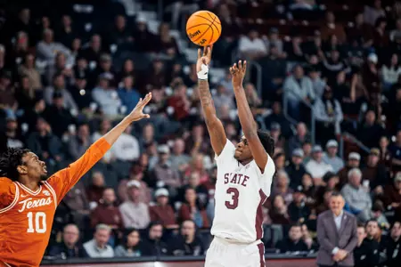 STARKVILLE, MS - March 04, 2025 - Mississippi State Forward KeShawn Murphy (#3) during the game between the Texas Longhorns and the Mississippi State Bulldogs at Humphrey Coliseum in Starkville, MS. Photo By Mike Mattina