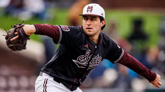 STARKVILLE, MS - February 16, 2025 - Mississippi State Pitcher Luke Dotson (#15) during the game between the Manhattan Jaspers and the Mississippi State Bulldogs at Dudy Noble Field at Polk-Dement Stadium in Starkville, MS. Photo By Mike Mattina