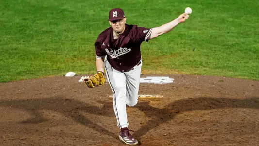 STARKVILLE, MS - March 18, 2025 - Mississippi State Pitcher Robert Fortenberry (#19) during the game between the Jackson State Tigers and the Mississippi State Bulldogs at Dudy Noble Field at Polk-Dement Stadium in Starkville, MS. Photo By Will Porada