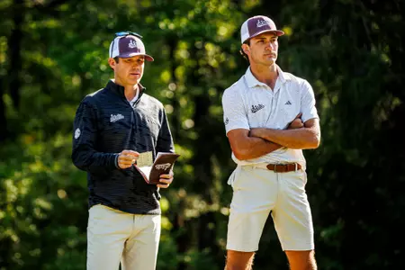 WEST POINT, MS - April 14, 2025 - Mississippi State Head Coach Dusty Smith and Mississippi State's Drew Wilson during the Old Waverly Collegiate Championship at Old Waverly Golf Club in West Point, MS. Photo By Mike Mattina