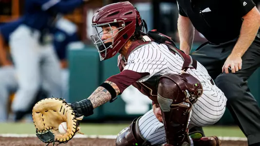 STARKVILLE, MS - April 15, 2025 - Mississippi State Catcher Ross Highfill (#22) during the game between the Southern Jaguars and the Mississippi State Bulldogs at Dudy Noble Field at Polk-Dement Stadium in Starkville, MS. Photo By Mike Mattina