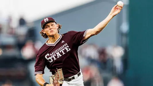 STARKVILLE, MS - April 18, 2025 - Mississippi State Pitcher Pico Kohn (#9) during the game between the Florida Gators and the Mississippi State Bulldogs at Dudy Noble Field at Polk-Dement Stadium in Starkville, MS. Photo By Mike Mattina