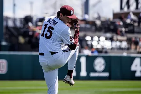 STARKVILLE, MS - March 16, 2025 - Mississippi State Pitcher Luke Dotson (#15) during the game between the Texas Longhorns and the Mississippi State Bulldogs at Dudy Noble Field at Polk-Dement Stadium in Starkville, MS. Photo By Mike Mattina