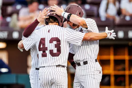 STARKVILLE, MS - April 15, 2025 - Mississippi State Infielder/Catcher Steven Spalitta (#43), Mississippi State Infielder Gehrig Frei (#34) and Mississippi State Infielder Sawyer Reeves (#2) during the game between the Southern Jaguars and the Mississippi State Bulldogs at Dudy Noble Field at Polk-Dement Stadium in Starkville, MS. Photo By Mike Mattina