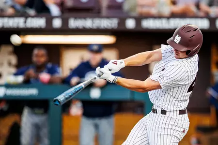 STARKVILLE, MS - April 15, 2025 - Mississippi State Infielder/Catcher Steven Spalitta (#43) during the game between the Southern Jaguars and the Mississippi State Bulldogs at Dudy Noble Field at Polk-Dement Stadium in Starkville, MS. Photo By Mike Mattina