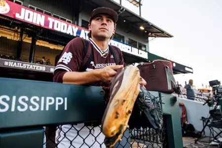 STARKVILLE, MS - April 18, 2025 - Mississippi State Infielder/Pitcher Braden Booth (#16) during the game between the Florida Gators and the Mississippi State Bulldogs at Dudy Noble Field at Polk-Dement Stadium in Starkville, MS. Photo By Mike Mattina