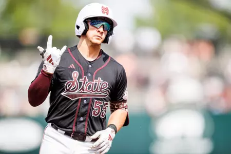 STARKVILLE, MS - April 20, 2025 - Mississippi State Catcher Joe Powell (#55) during the game between the Florida Gators and the Mississippi State Bulldogs at Dudy Noble Field at Polk-Dement Stadium in Starkville, MS. Photo By Taylor Sullivan