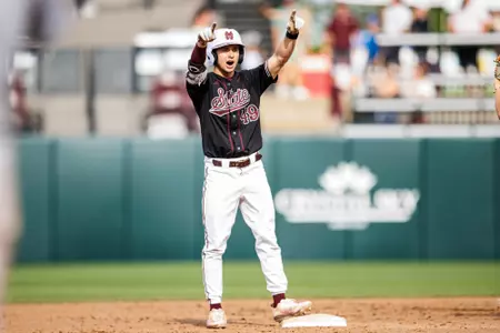 STARKVILLE, MS - April 20, 2025 - Mississippi State Infielder/Outfielder Gatlin Sanders (#49) during the game between the Florida Gators and the Mississippi State Bulldogs at Dudy Noble Field at Polk-Dement Stadium in Starkville, MS. Photo By Taylor Sullivan