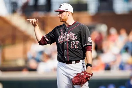 STARKVILLE, MS - April 20, 2025 - Mississippi State Pitcher Stone Simmons (#17) during the game between the Florida Gators and the Mississippi State Bulldogs at Dudy Noble Field at Polk-Dement Stadium in Starkville, MS. Photo By Taylor Sullivan