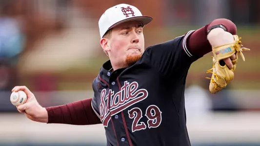 STARKVILLE, MS - February 16, 2025 - Mississippi State Pitcher Nate Williams (#29) during the game between the Manhattan Jaspers and the Mississippi State Bulldogs at Dudy Noble Field at Polk-Dement Stadium in Starkville, MS. Photo By Mike Mattina