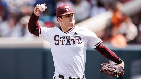 STARKVILLE, MS - March 16, 2025 - Mississippi State Pitcher Evan Siary (#12) during the game between the Texas Longhorns and the Mississippi State Bulldogs at Dudy Noble Field at Polk-Dement Stadium in Starkville, MS. Photo By Mike Mattina