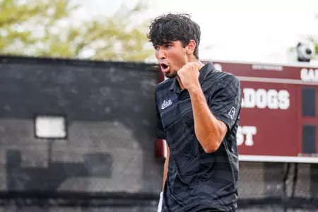 STARKVILLE, MS - April 03, 2025 - Mississippi State’s Bryan Hernandez Cortes during the match between the Texas A&M Aggies and the Mississippi State Bulldogs at the AJ Pitts Tennis Centre in Starkville, MS. Photo By Mike Mattina