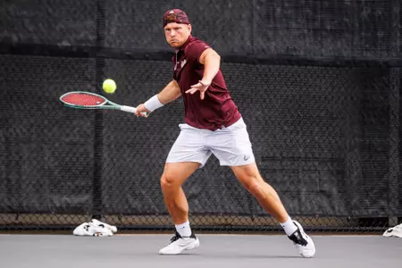 STARKVILLE, MS - April 05, 2025 - Mississippi State's Michal Novansky during the match between the Auburn Tigers and the Mississippi State Bulldogs at the AJ Pitts Tennis Centre in Starkville, MS. Photo By Mike Mattina