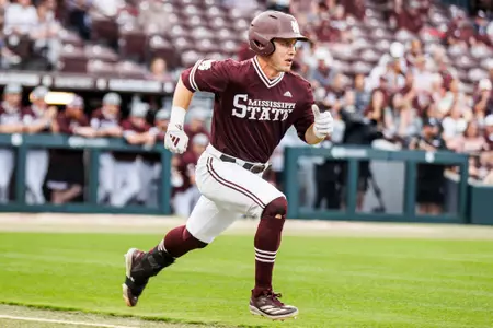 STARKVILLE, MS - April 04, 2025 - Mississippi State Infielder/Outfielder Aaron Downs (#5) during the game between the South Carolina Gamecocks and the Mississippi State Bulldogs at Dudy Noble Field at Polk-Dement Stadium in Starkville, MS. Photo By Taylor Sullivan