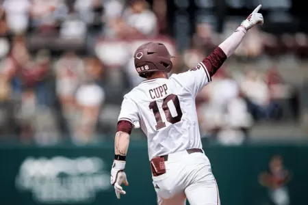 STARKVILLE, MS - April 05, 2025 - Mississippi State Infielder Dylan Cupp (#10) during the game between the South Carolina Gamecocks and the Mississippi State Bulldogs at Dudy Noble Field at Polk-Dement Stadium in Starkville, MS. Photo By Will Porada