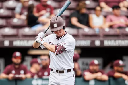 STARKVILLE, MS - April 05, 2025 - Mississippi State Infielder Gehrig Frei (#34) during the game between the South Carolina Gamecocks and the Mississippi State Bulldogs at Dudy Noble Field at Polk-Dement Stadium in Starkville, MS. Photo By Will Porada