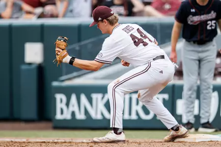 STARKVILLE, MS - April 05, 2025 - Mississippi State Infielder/Outfielder Hunter Hines (#44) during the game between the South Carolina Gamecocks and the Mississippi State Bulldogs at Dudy Noble Field at Polk-Dement Stadium in Starkville, MS. Photo By Will Porada